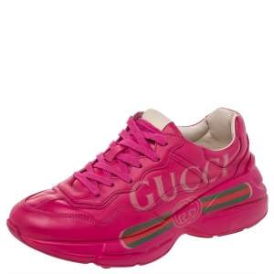 Pre Owned Gucci Pink Leather Rhyton Logo Print Low Top Sneakers Size 38
