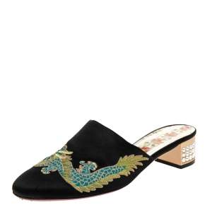 مملوكة مسبقًا Gucci Black Embroidered Satin Crystal Embellished Heel Mules Size 37