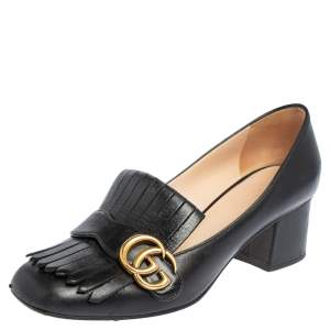 Pre Owned  Gucci Black Leather GG Marmont Fringe Pumps Size 39