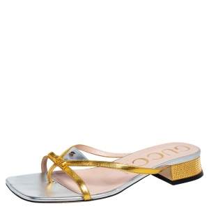 مملوكة مسبقًا Gucci Metallic Gold/Silver Leather Alison Bow Sandals Size 39.5