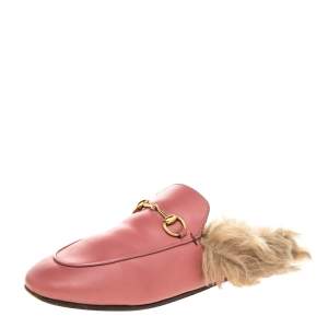 Gucci Pink Leather And Fur Lined Princetown Horsebit Mules Size 38