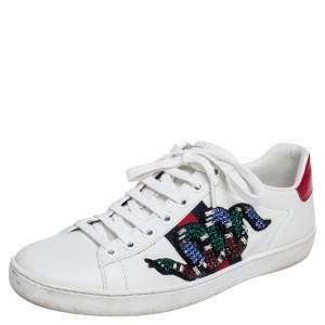Gucci White Leather Ace Snake Crystal Embellished Low Top Sneakers Size 37.5