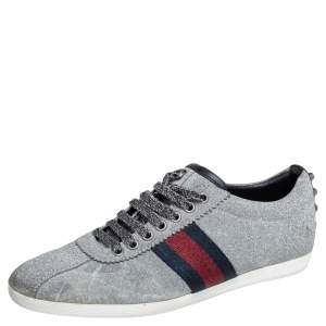 مملوكة مسبقًا Gucci Silver Glitter Bambi Web Detail Studded Low Top Sneakers Size 40.5