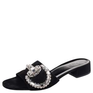 Pre Owned Gucci Black Suede Maxime Crystal Horsebit Slide Sandals Size 38.5