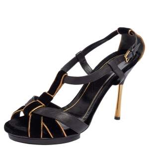 Gucci Black Velvet and Leather Malika Strappy Sandals Size 40