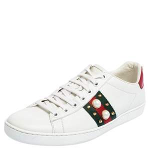 Gucci White Leather New Ace Web Faux Pearl Embellished Low Top Sneakers Size 39