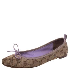 Gucci Beige/Purple GG Canvas Bow Detail Ballet Flats Size 39
