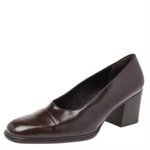 Gucci Dark Brown Leather Square Toe Block Heel Pumps Size 37.5