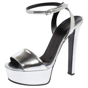 Gucci Silver Patent Leather Platform Ankle Strap Sandals Size 40