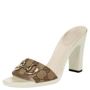 مملوكة مسبقًا Gucci Brown/Beige GG Canvas Horsebit Slide Sandals Size 38