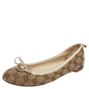 Gucci Brown/Beige GG Canvas and Leather Trim Bow Ballet Flats Size 38.5