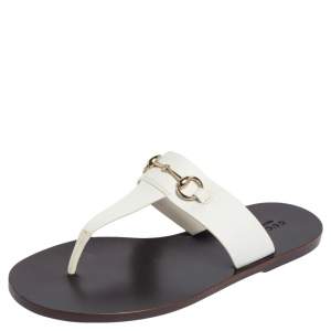 Pre Owned Gucci White Leather Horsebit Thong Flats Size 38