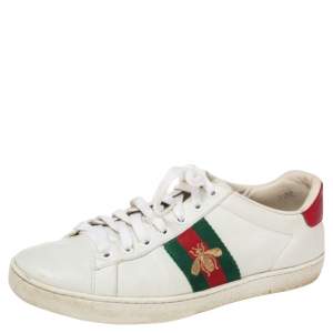 Pre Owned Gucci White Leather And Snakeskin  Ace Low Top  Sneakers Size 37