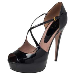 Pre Owned Gucci Black Patent Leather Platform Crisscross Strap Sandals Size 38