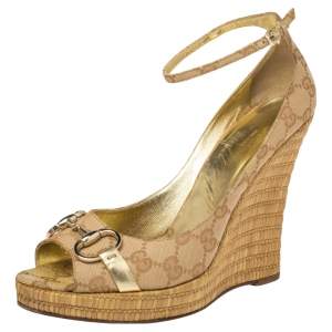 Pre Owned Gucci Beige GG Canvas Horsebit Open Toe Ankle Strap Platform Wedges Pumps Size 39