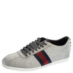مملوكة مسبقًا Gucci Silver Glitter Leather Bambi Web Sneakers Size 39