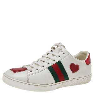 مملوكة مسبقًا Gucci White Leather Ace Heart Web Low Top Sneakers Size 37