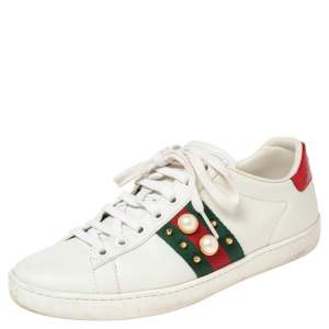 مملوكة مسبقًا Gucci White Leather Ace Faux Pearl Embellished Low Top Sneakers Size 36