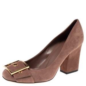 Pre Owned Gucci Brown Suede Buckle Detail Block Heel Pumps Size 38.5