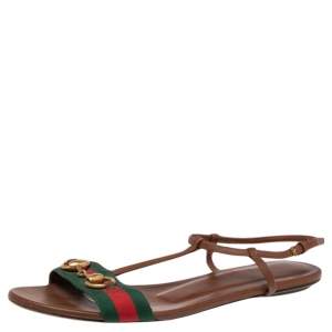 Pre Owned صندل فلات غوتشي ليليانا جلد بني مزين ويب وهورسبيت مقاس 39