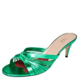 Gucci Metallic Green Leather Knotted Slide Sandals Size 41.5