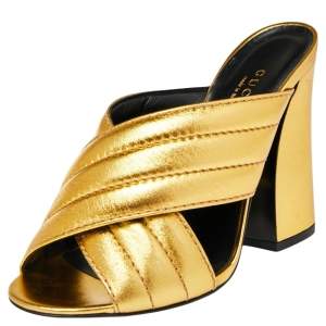 Pre Owned Gucci Metallic Gold Quilted Leather Webby Mules Sandals Size 35