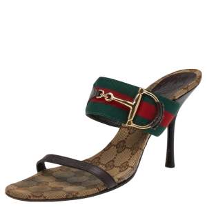 Gucci Multicolor Canvas And Leather Horsebit Sandals Size 39