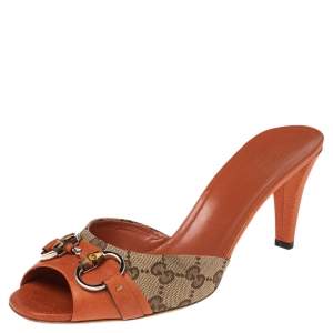 مملوكة مسبقًا Gucci Orange/Beige GG Canvas and Leather Bamboo Horsebit Slide Sandals Size 40