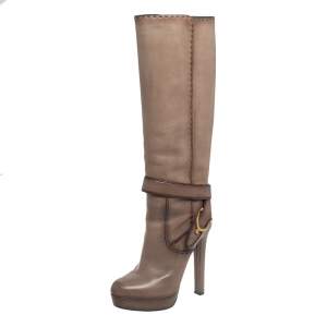 Gucci Beige Leather Knee Length Buckle Detail Boots Size 39