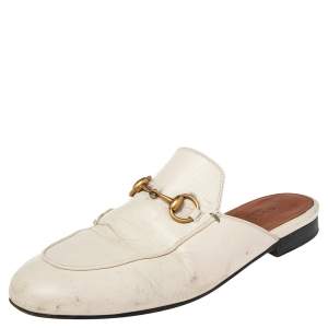 Pre Owned Gucci Cream Leather Princetown Horsebit Flat Mules Size 36