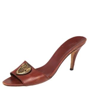Gucci Brown Leather Crest Slide Sandals Size 41