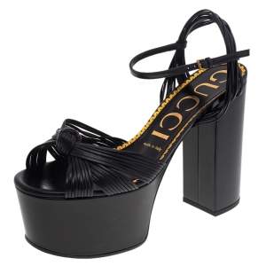 Gucci Black Leather Knotted Platform Ankle Strap Sandals Size 38.5