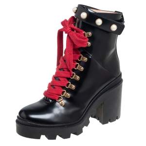 Gucci Black Leather Faux Pearl Embellished Ankle Boots Size 40.5