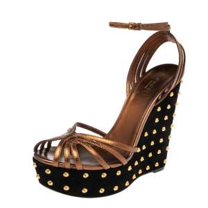 Gucci Bronze Leather And Black Suede Studded Wedge Platform Sandals Size 39