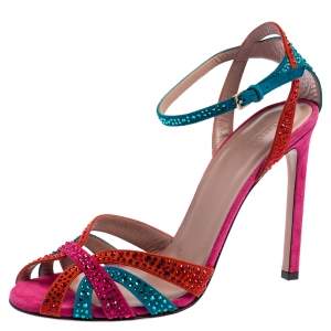 Pre Owned Gucci Multicolor Suede Crystal Embellished Ankle Strap Sandals Size 38