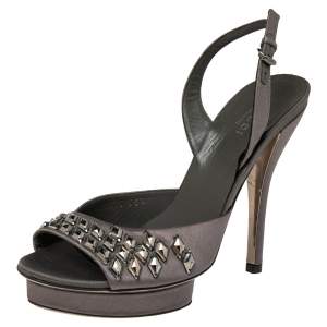 Pre Owned Gucci Dark Grey Satin Crystals Embellished Slingback Sandals Size 35.5