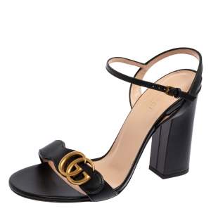 مملوكة مسبقًا Gucci Black Leather GG Marmont Ankle Strap Block Heel Sandals Size 38.5
