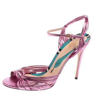 Gucci Metallic Pink Strappy Leather Allie Knot Sandals Size 41