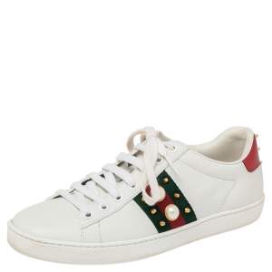 Pre Owned Gucci White Leather New Ace Web Faux Pearl Embellished Low Top Sneakers Size 36.5
