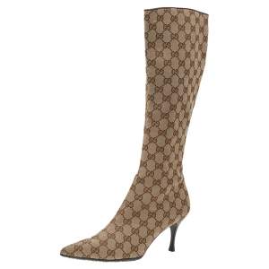 Pre Owned Gucci Beige/Brown GG Canvas Pointed Toe Knee Length Boots Size 39