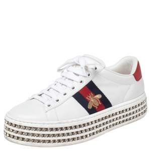 Gucci White Leather And Bee Web Detail New Ace Crystal Embellished Platform Sneakers Size 35