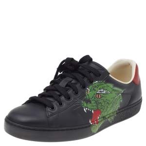 Gucci Black Leather Ace Panther Print Low Top Sneakers Size 40