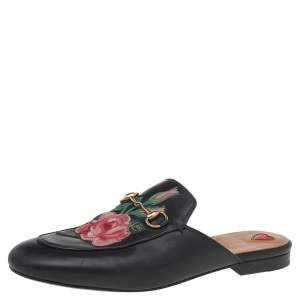مملوكة مسبقًا Gucci Black Floral Embroidered Leather Princetown Mules Size 40