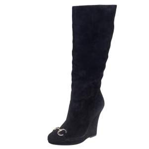 Pre Owned Gucci Black Suede Horse Bit Knee Length Boots Size 39.5