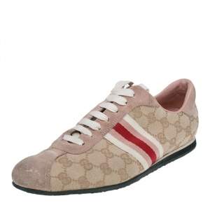 Gucci Beige/Pink GG Canvas and Suede Web Lace Up Sneakers Size 39.5
