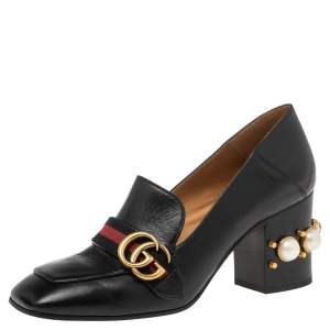 Gucci Black Leather Web GG Marmont Faux Pearl Embellished Loafer Pumps Size 39