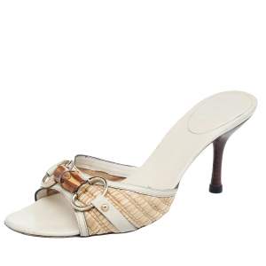 Gucci Beige Raffia And Leather Bamboo Horsebit Slide Sandals Size 36.5