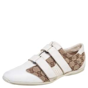 Gucci White-Beige GG Canvas and Leather Velcro Sneakers Size 40