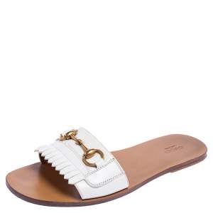 Pre Owned Gucci White Leather Fringe Horsebit Slide Flats Size 40.5 