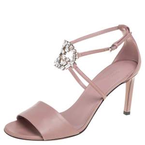 مملوكة مسبقًا Gucci Beige Leather Crystal Embellished GG Interlocking Ankle Strap Sandals Size 38.5